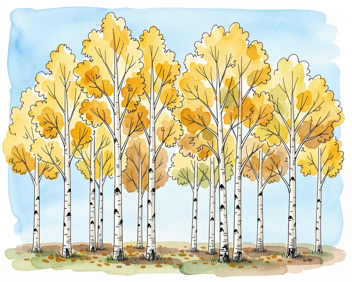 A grove of aspen trees turning gold in autumn, their trunks pale and slender against a blue sky