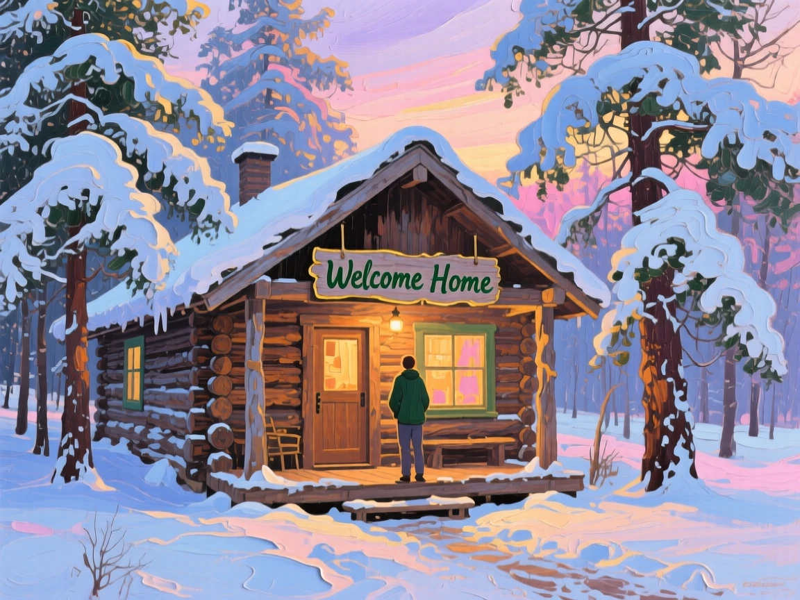 a wooden cabin beneath snow-laden pines, at first light, from an inviting eye-level viewpoint.