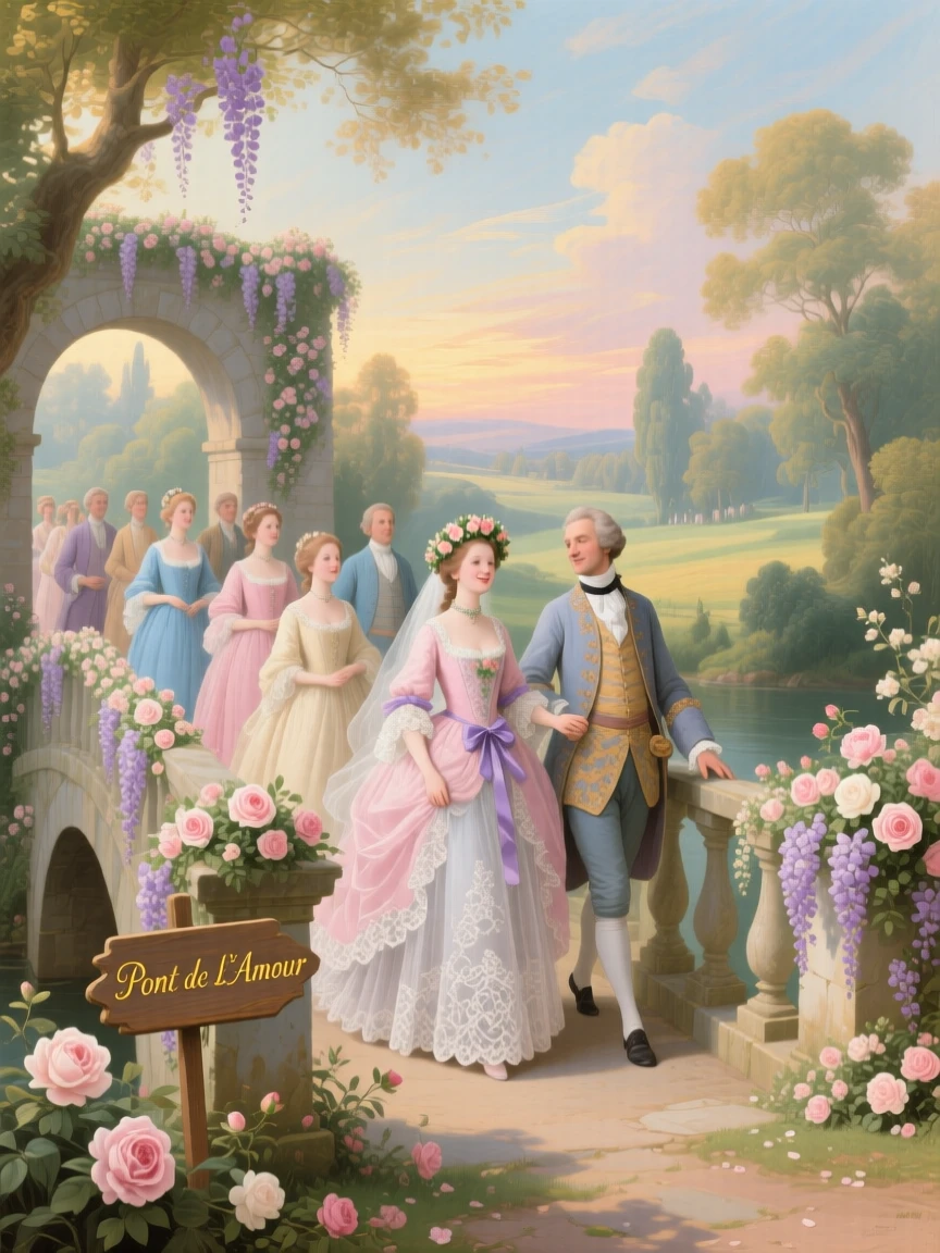 A countryside wedding procession crossing a stone bridge festooned with blossoms  