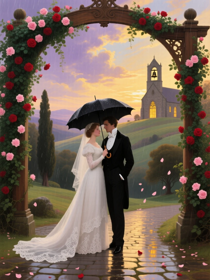 A bride and groom share an umbrella beneath a rose-covered archway while church bells ring in the distance.