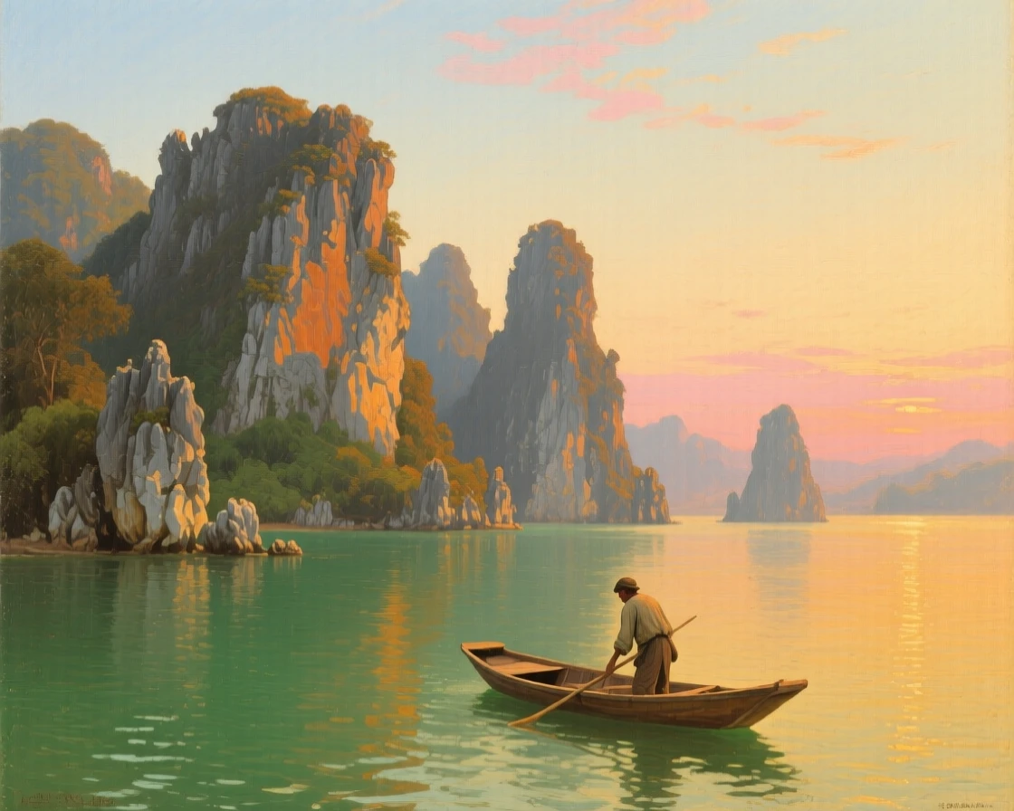 A limestone karst landscape rising from calm emerald waters, as golden hour light spills across the entire scene, evoking a profound sense of scale, silence, and wonder