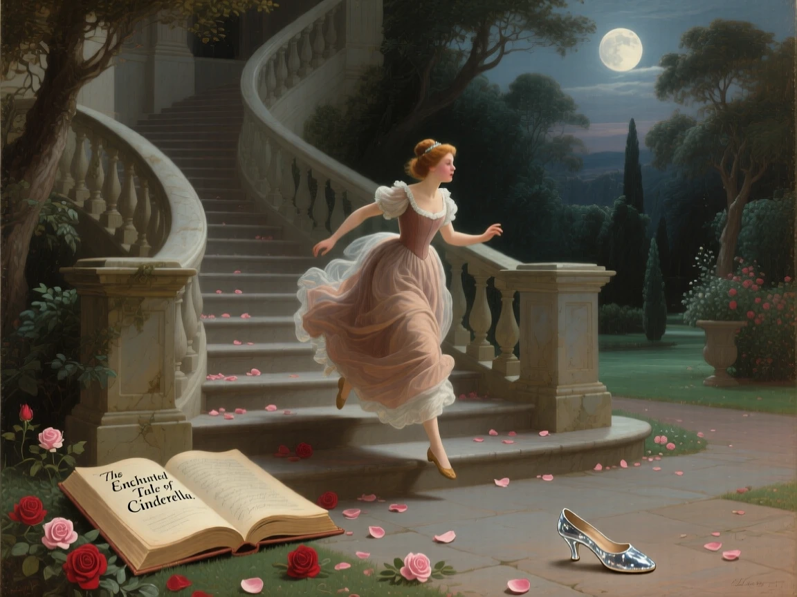 Cinderella fleeing down a grand staircase as the clock strikes midnight at the story's most enchanting and memorable turn, set within a moonlit garden fit for legend, with scattered rose petals, an open storybook, and a forgotten glass slipper; the composition frames the central figure like a page brought to life, suggesting the enduring power of myth and memory.