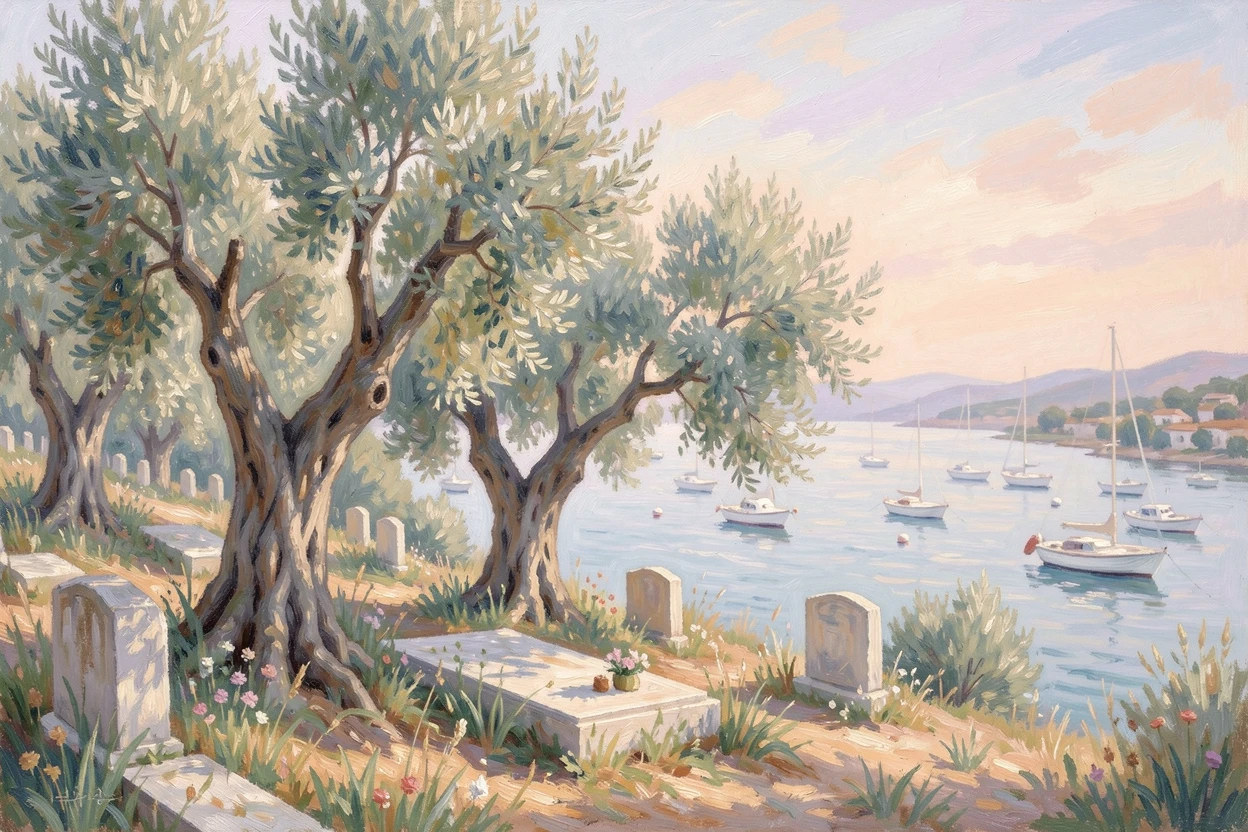 A hillside cemetery of ancient olive trees overlooking a sunlit Greek harbor dotted with white boats.