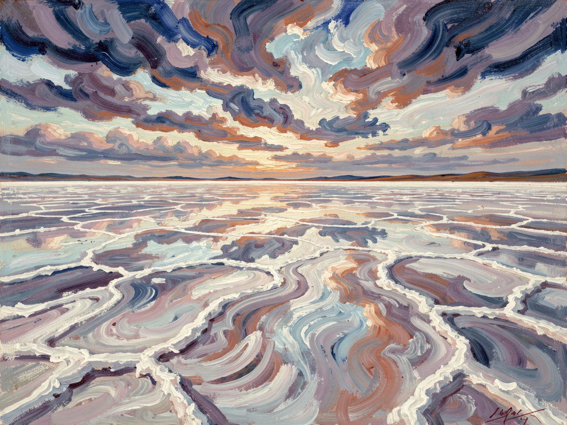 A salt flat stretching to the horizon, perfectly reflecting a sky full of drifting clouds.