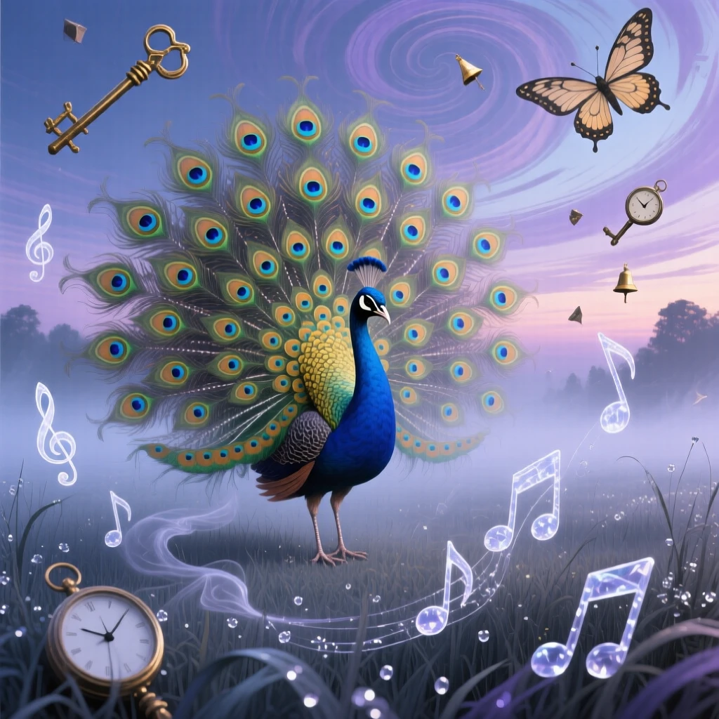 A peacock whose tail feathers open into a field of eyes moves silently through a fog-covered meadow, while soft chimes seem to ring with each of its movements.