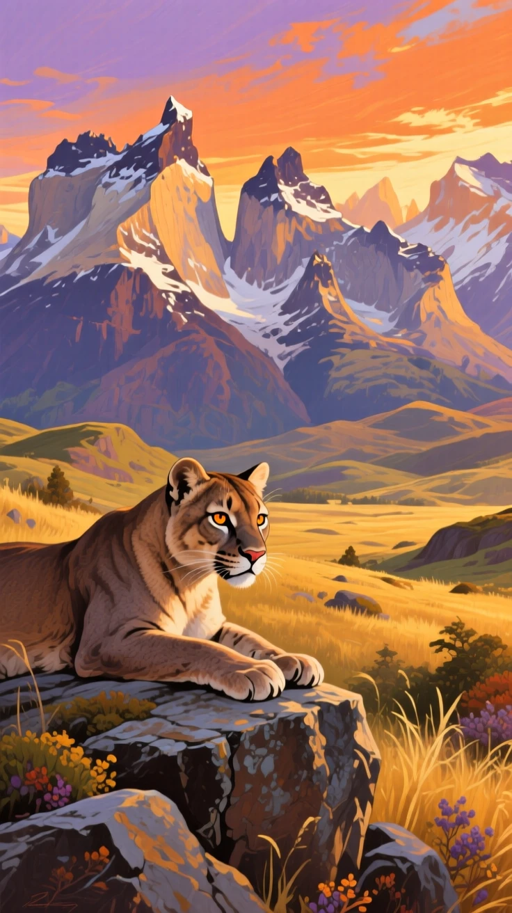 The dramatic spires of Torres del Paine catch the last light while a puma rests on a rocky outcrop in the foreground, its amber eyes watching the golden valley below.