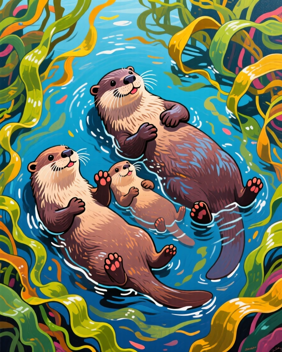 A family of otters floating together on their backs in a kelp forest, holding paws so they don't drift apart