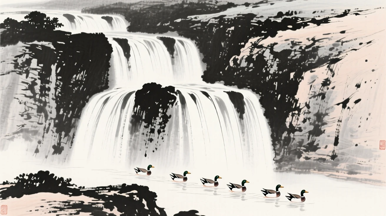 a series of cascading falls stepping down a cliff, with wild ducks gliding across its surface.