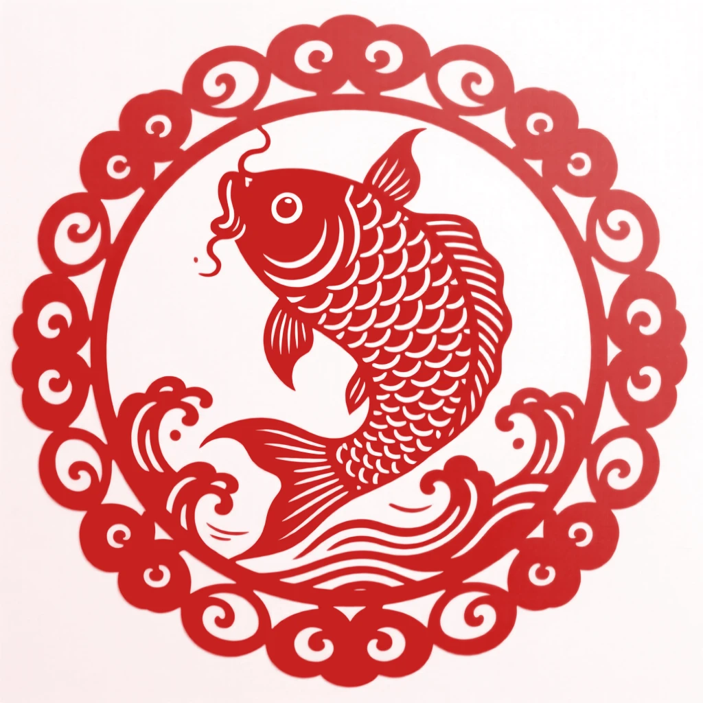 A carp leaping through a ring of water, bordered by a repeating cloud pattern, celebrating longevity and family blessings.