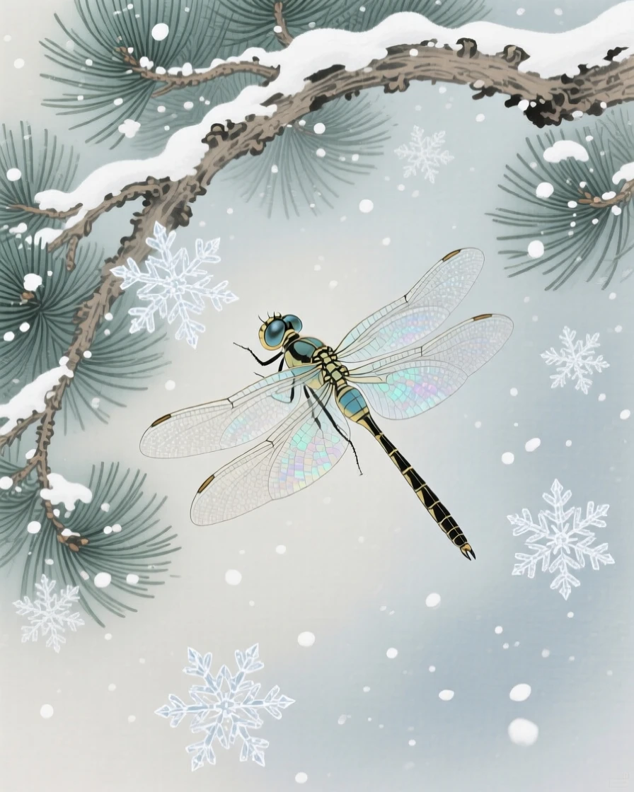 A dragonfly watching snowflakes fall from beneath a pine bough