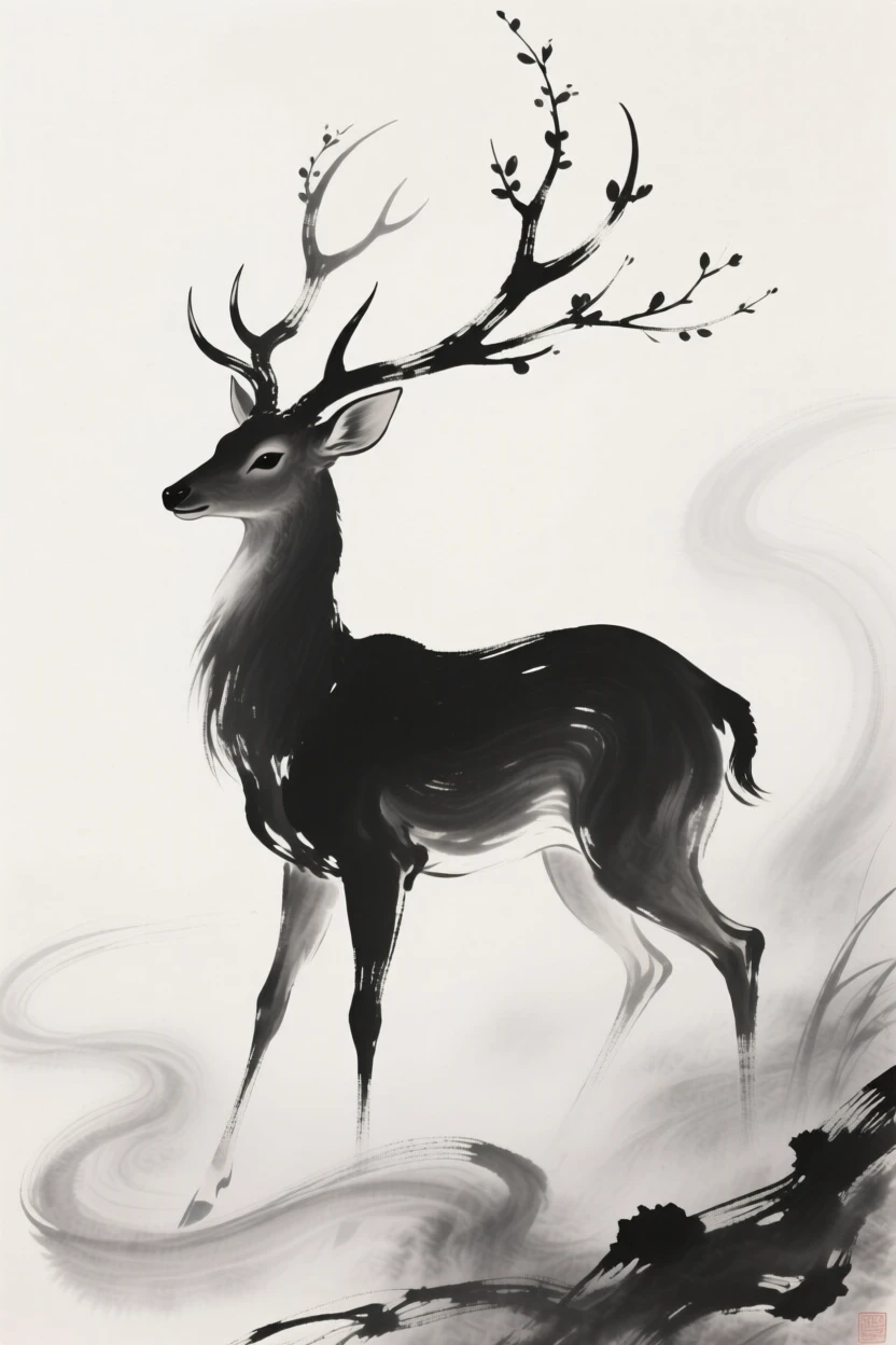 A spirit deer with antlers like budding branches, standing in mist, captured mid-motion with flowing, graceful lines, carrying a sense of magic woven into the natural world.