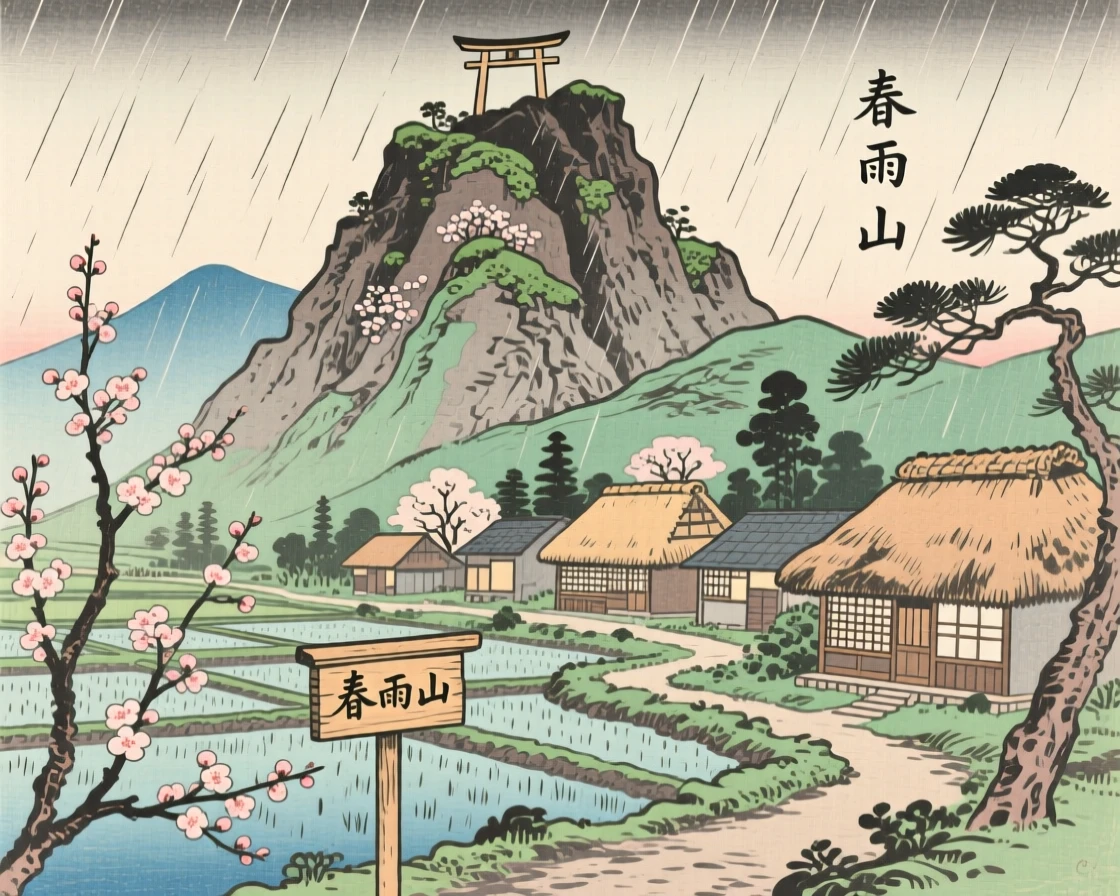A sacred mountain crag, rising above a quiet farming village, during a gentle spring rain.