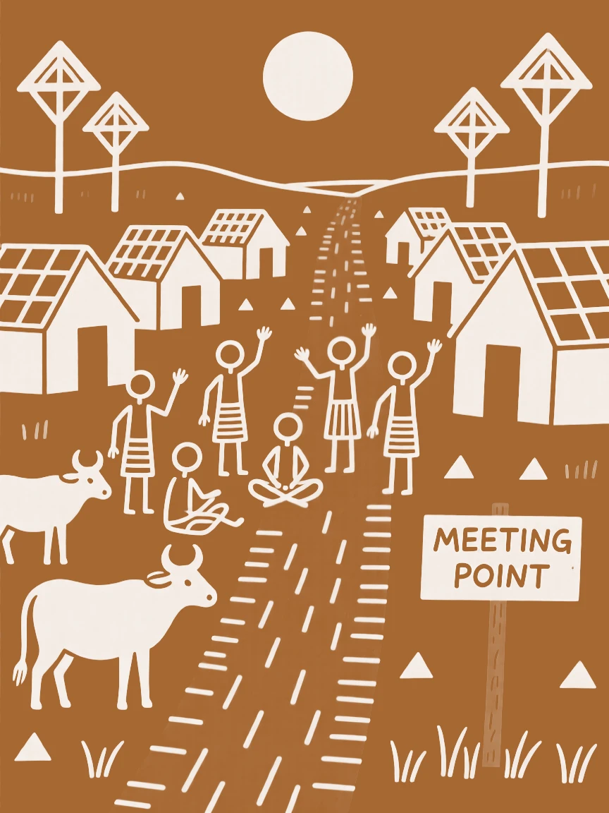 A cattle herder gathering for an evening meeting along a dirt path lined with huts.