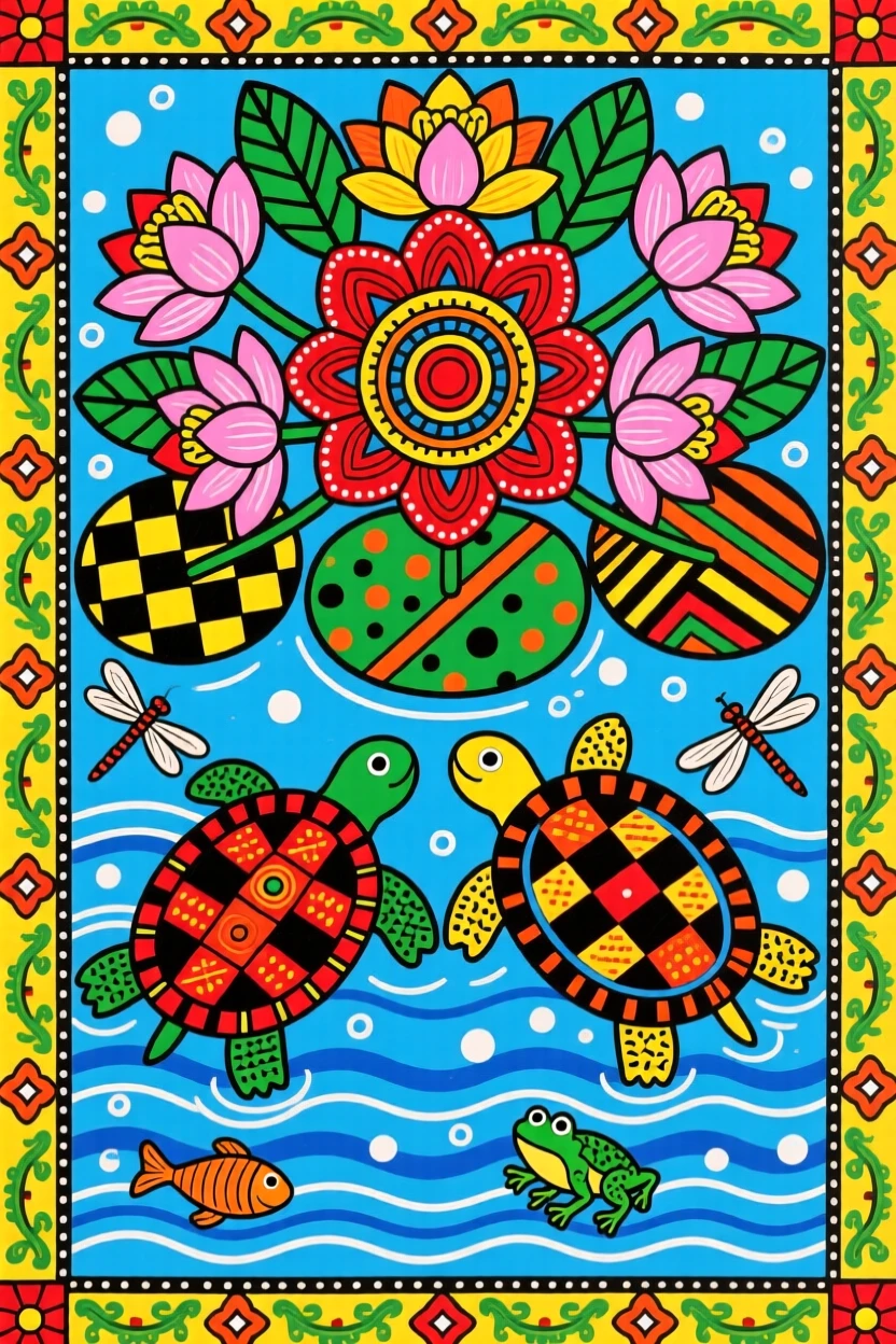 A pair of turtles swimming beneath a cluster of water lilies.