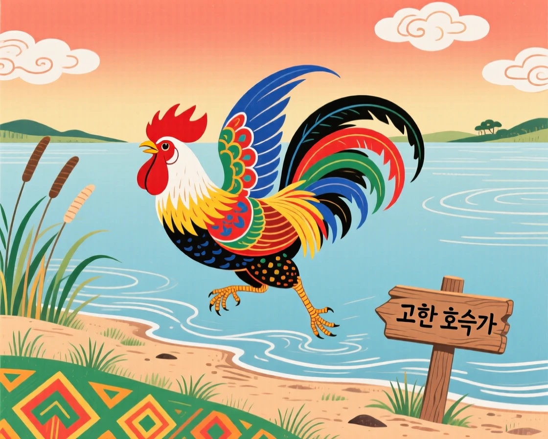 A rooster taking flight alone on the shore of a calm lake.