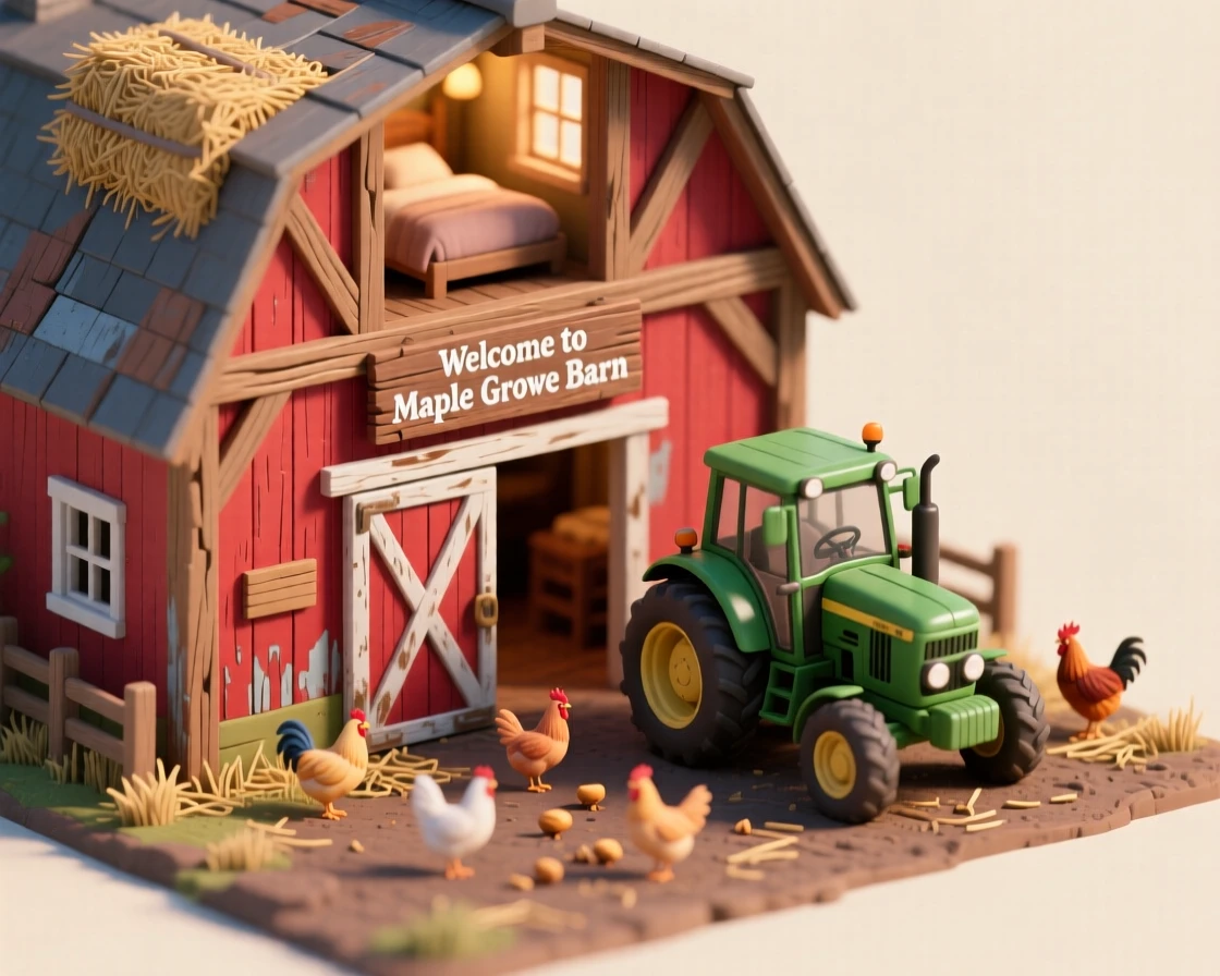 A rustic barn conversion home with exposed wooden beams, a hayloft turned bedroom, a tractor parked out front, and chickens pecking around a red barn door.