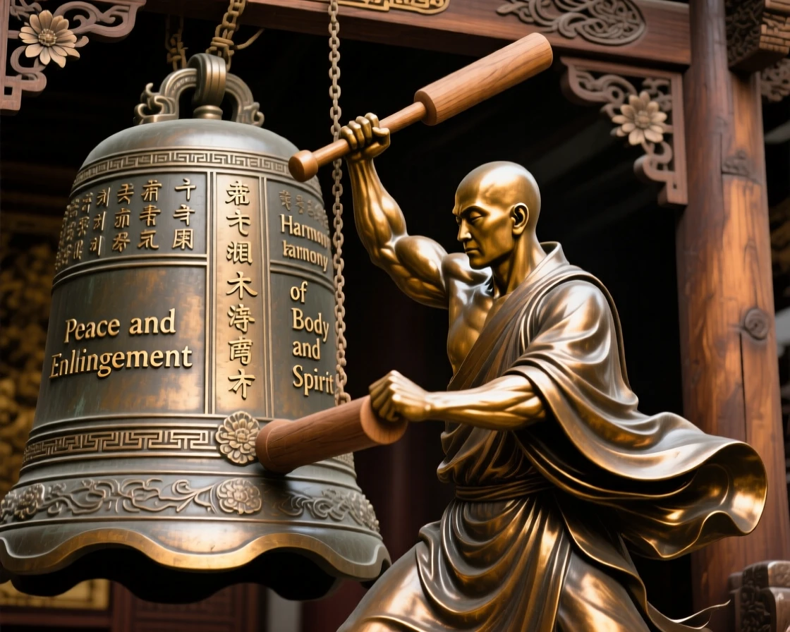 A monk ringing a great temple bell, with powerful, expressive body language, forming a strong central focal point
