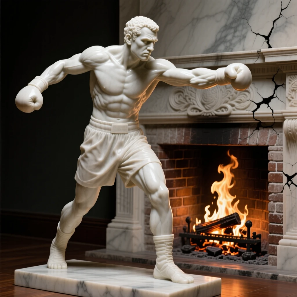A close-up portrait of a boxer before a match, twirling with arms outstretched, beside a crackling fireplace, radiating quiet emotion and dignity