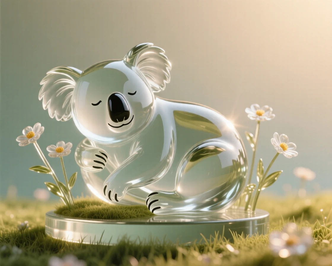 A koala resting peacefully in a sunlit meadow scattered with wildflowers, a gentle breeze bending the grass, evoking warmth and tranquility.