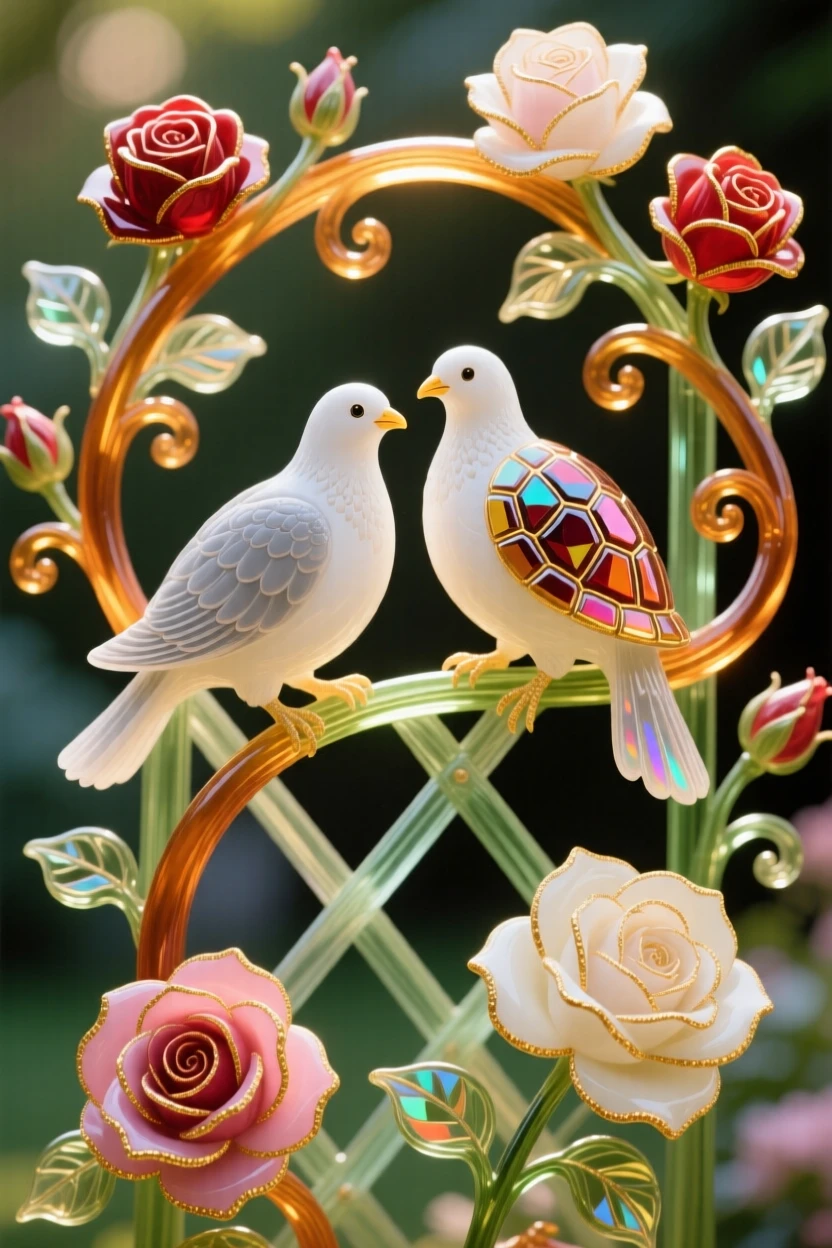 A pair of turtle doves perched on a garden trellis covered in roses, romantic and peaceful, soft golden light.