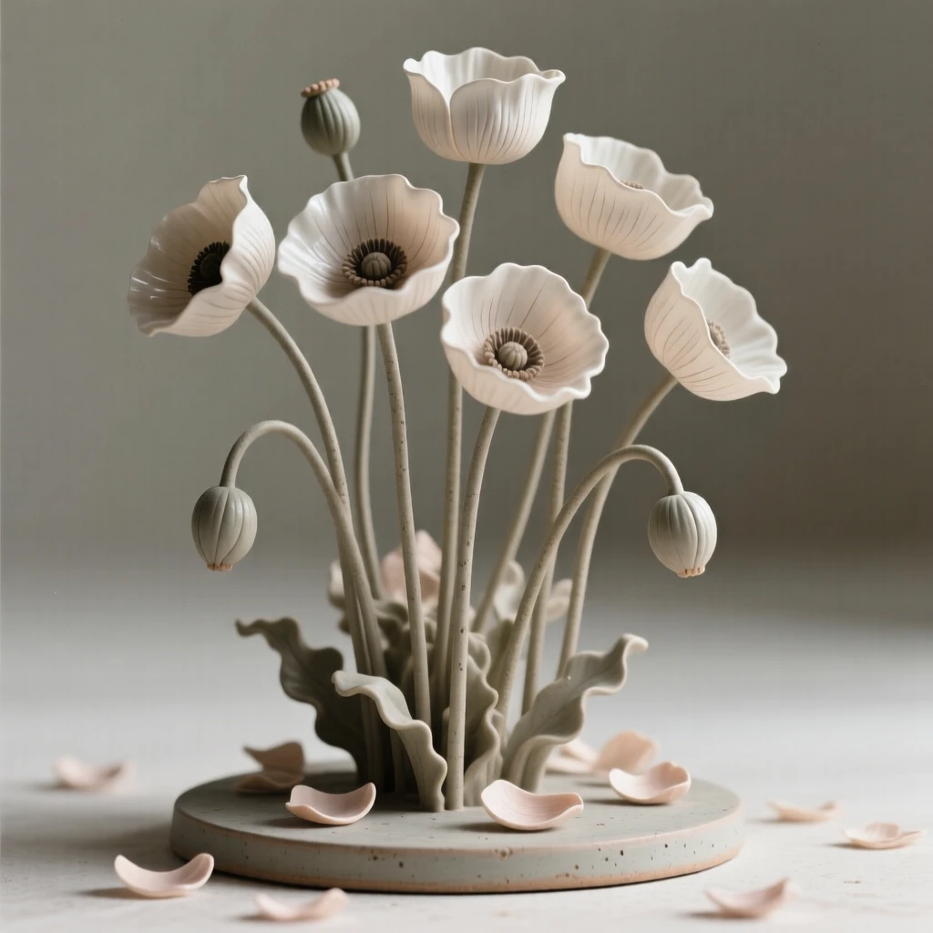 A cluster of poppies swaying in a breeze reaching upward in quiet aspiration, surrounded by scattered fallen petals, conveying the quiet poetry of the natural world.