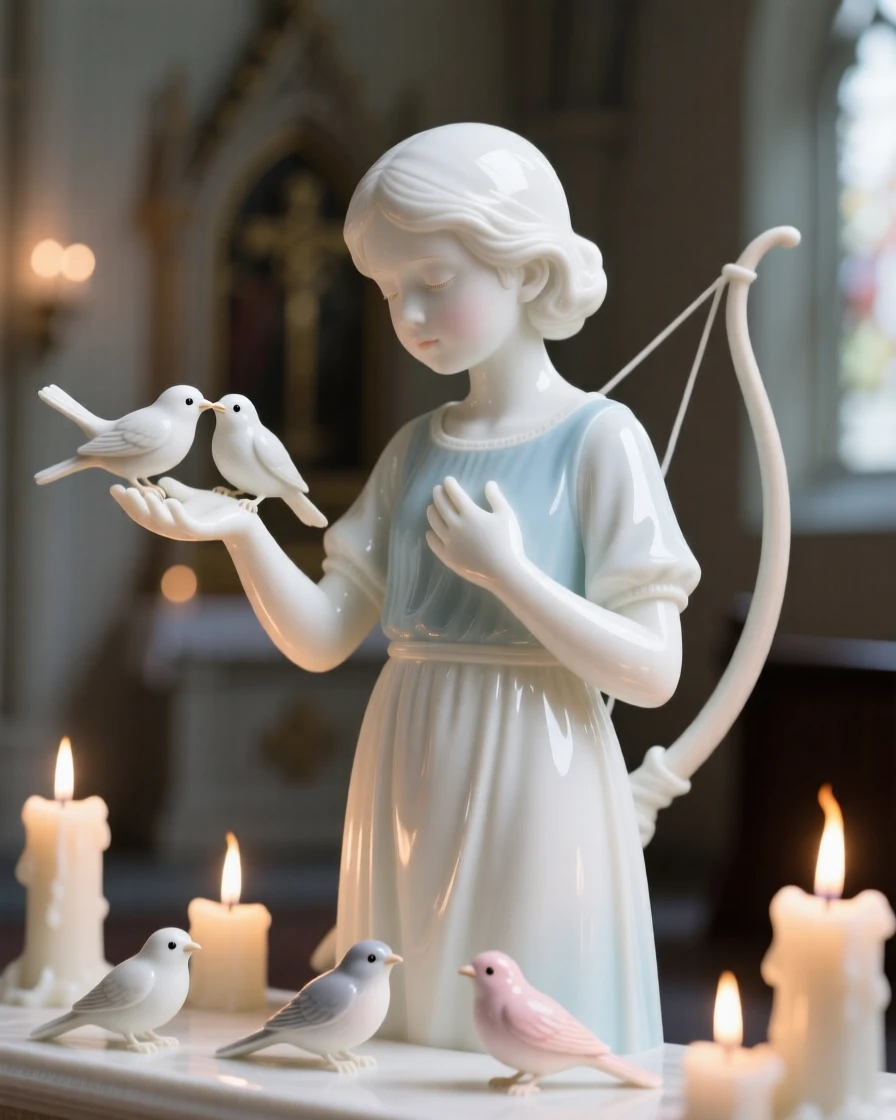 A childlike huntress feeding songbirds from an open palm, one hand resting gently over her heart, in a candlelit chapel.