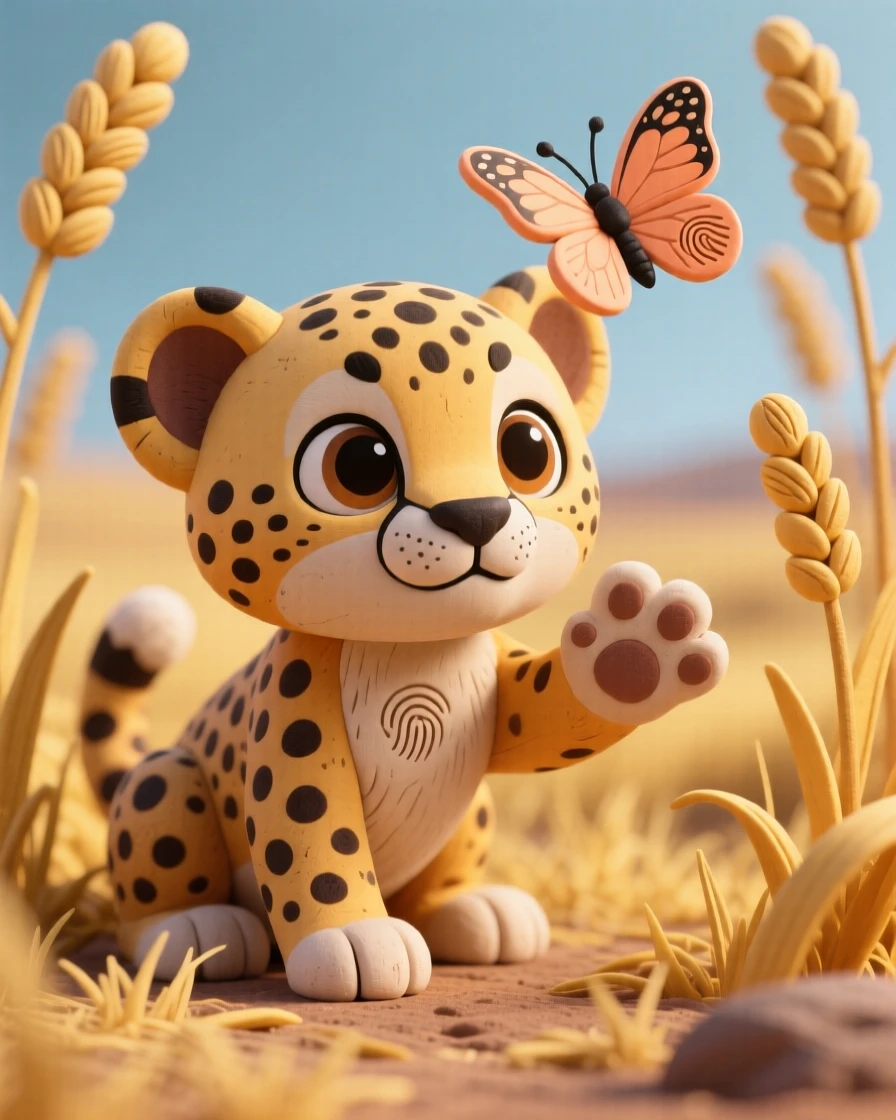 A cheetah cub crouched low in golden savanna grass, watching a butterfly