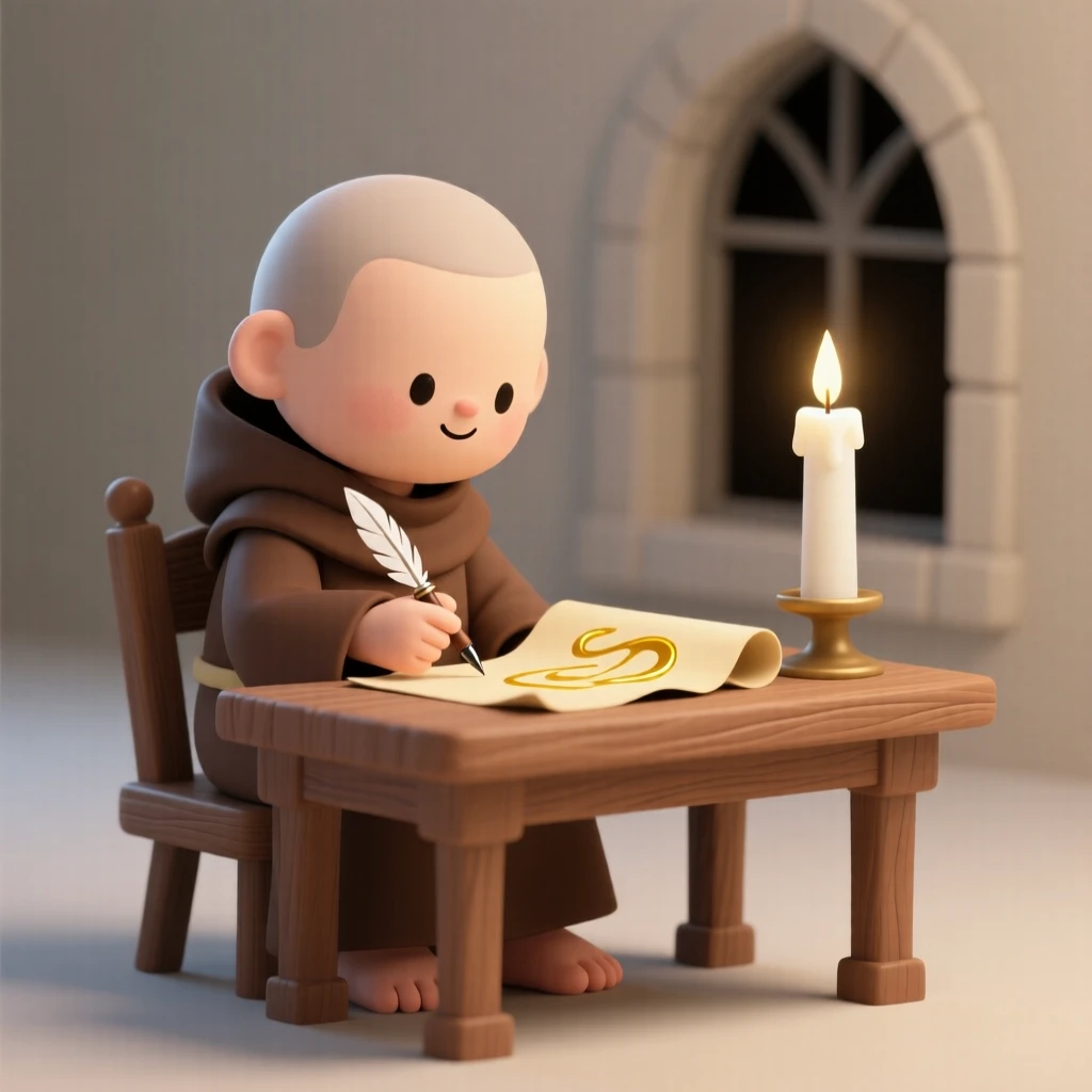 A medieval monk copies illuminated manuscripts by candlelight, golden ink glinting on the parchment before him.