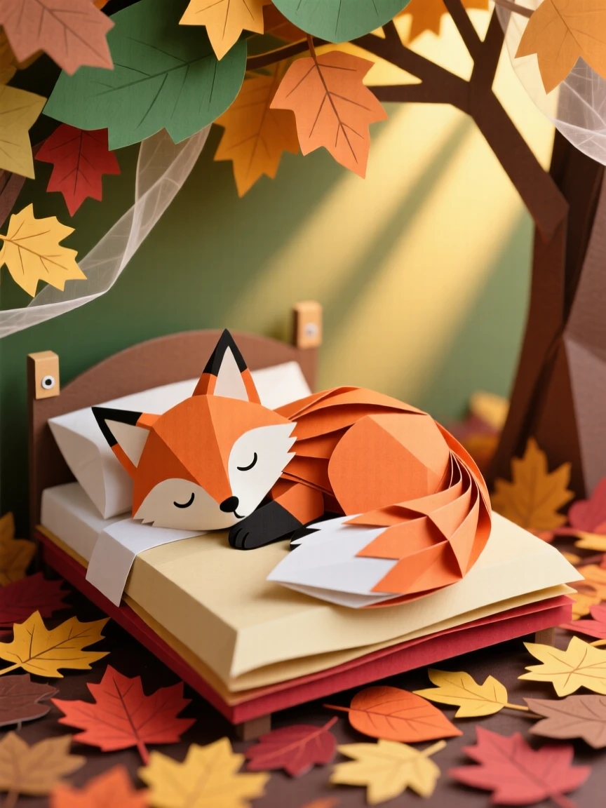 A fluffy baby fox curled up asleep among autumn leaves, its bushy tail wrapped around its nose, dappled sunlight filtering through the trees above, evoking warmth and innocent charm.