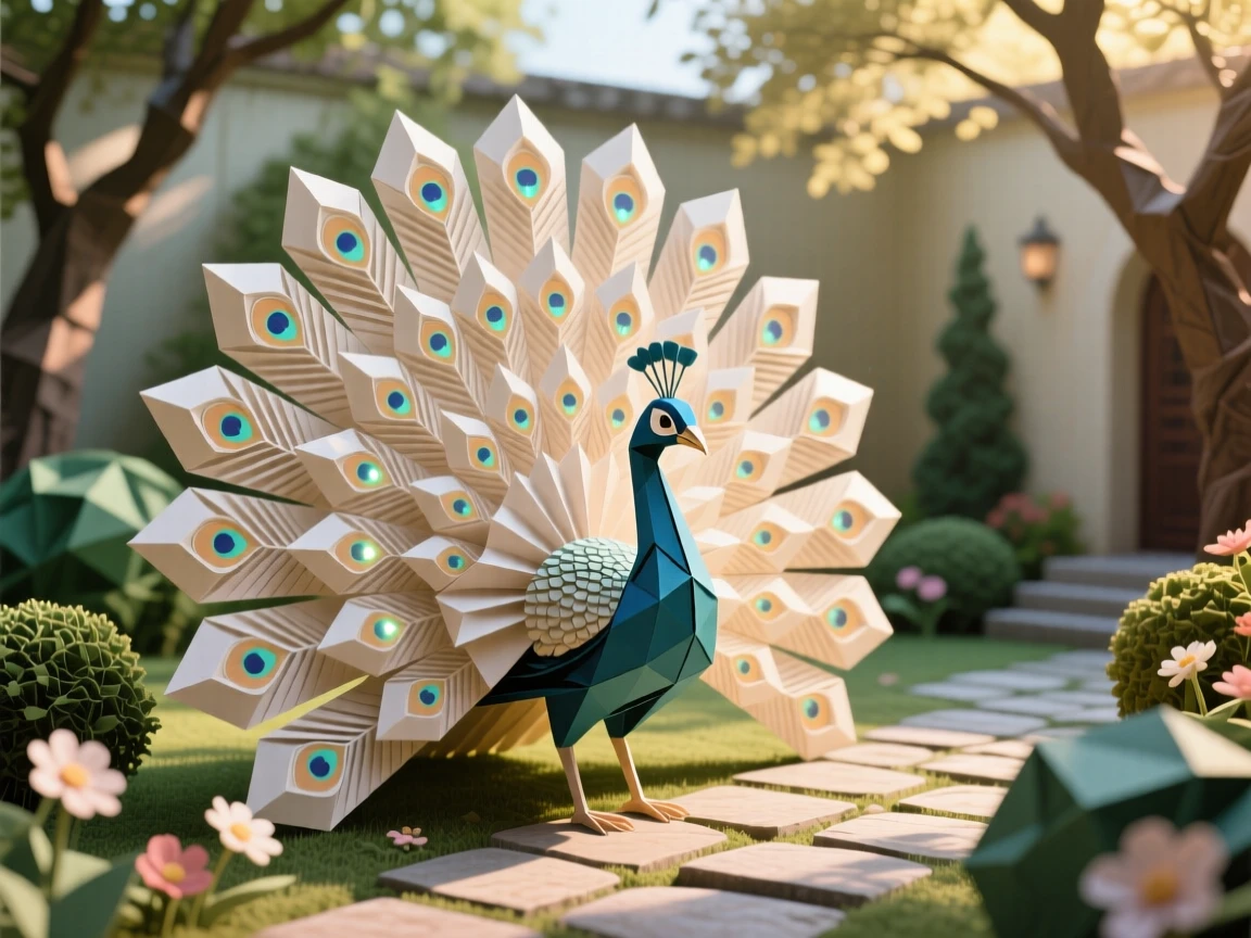 A peacock fanning its full tail feathers in a garden courtyard, eyespot patterns glowing under afternoon light.
