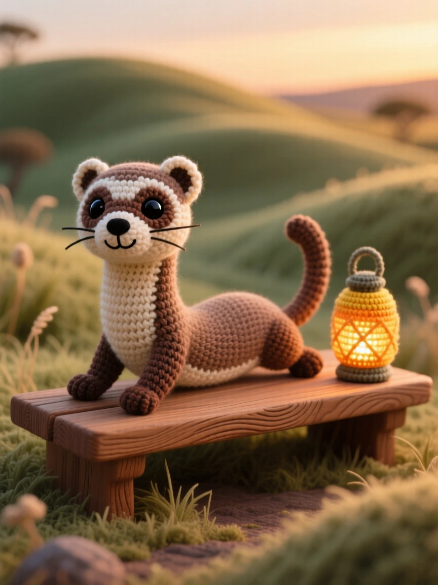 a small ferret with a long body and a masked face is shown stretching out along a wooden shelf within a rolling savanna at golden hour, accompanied by a small lantern glowing warmly beside it, capturing cheerful energy and boundless enthusiasm.