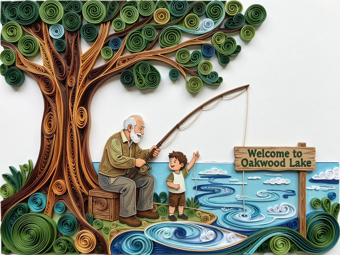 A heartwarming moment of a grandfather teaching his grandson to fish at a quiet lake beneath the shade of a large oak tree, with a comforting, homely atmosphere throughout, shown from a gentle, heartfelt eye-level perspective.