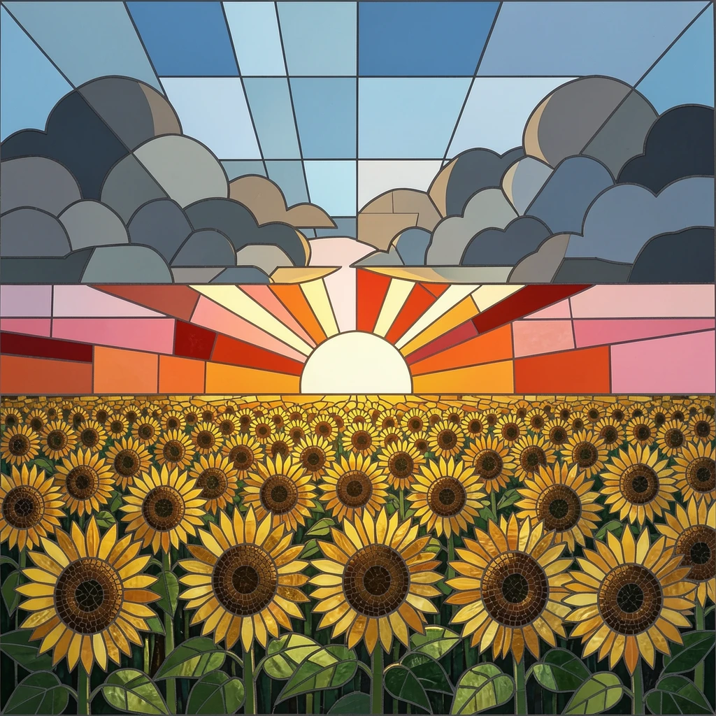 A field of sunflowers turning toward a brilliant setting sun, framed by distant storm clouds and a break of sunlight.