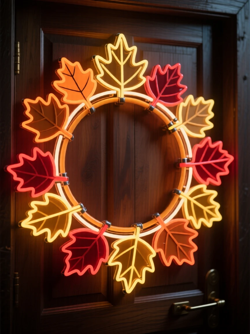A wreath of autumn leaves arranged on a wooden door.