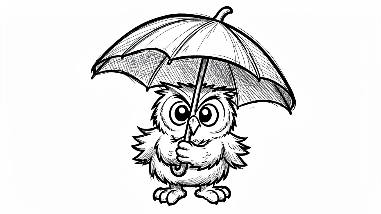 A fluffy baby owl holding an umbrella made of a leaf.