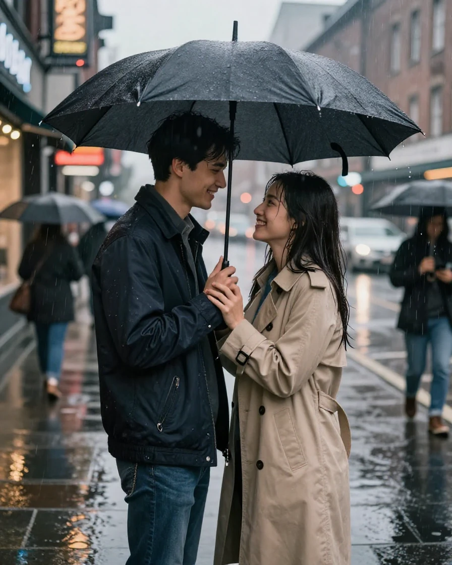 A couple sharing an umbrella in a rainstorm