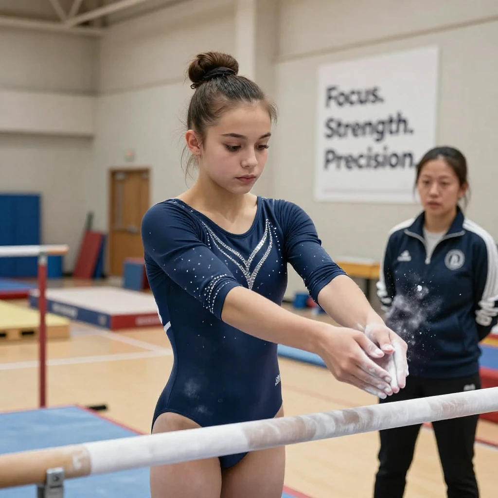 A gymnast chalks her hands before mounting the uneven bars.
