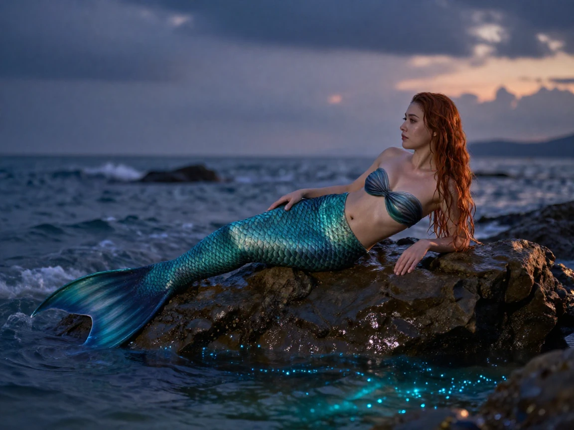 A mermaid resting on a rock surrounded by glowing bioluminescent waves