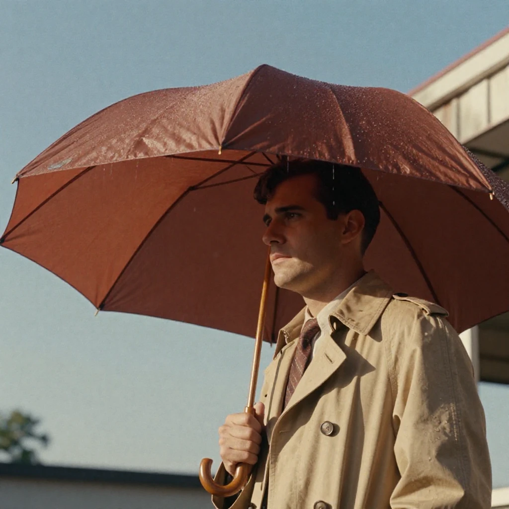 A commuter sheltering from rain under a shop awning, in warm morning light, on a clear, cloudless day, during the long days of summer, dominated by warm amber and rust tones, in a tight close-up.