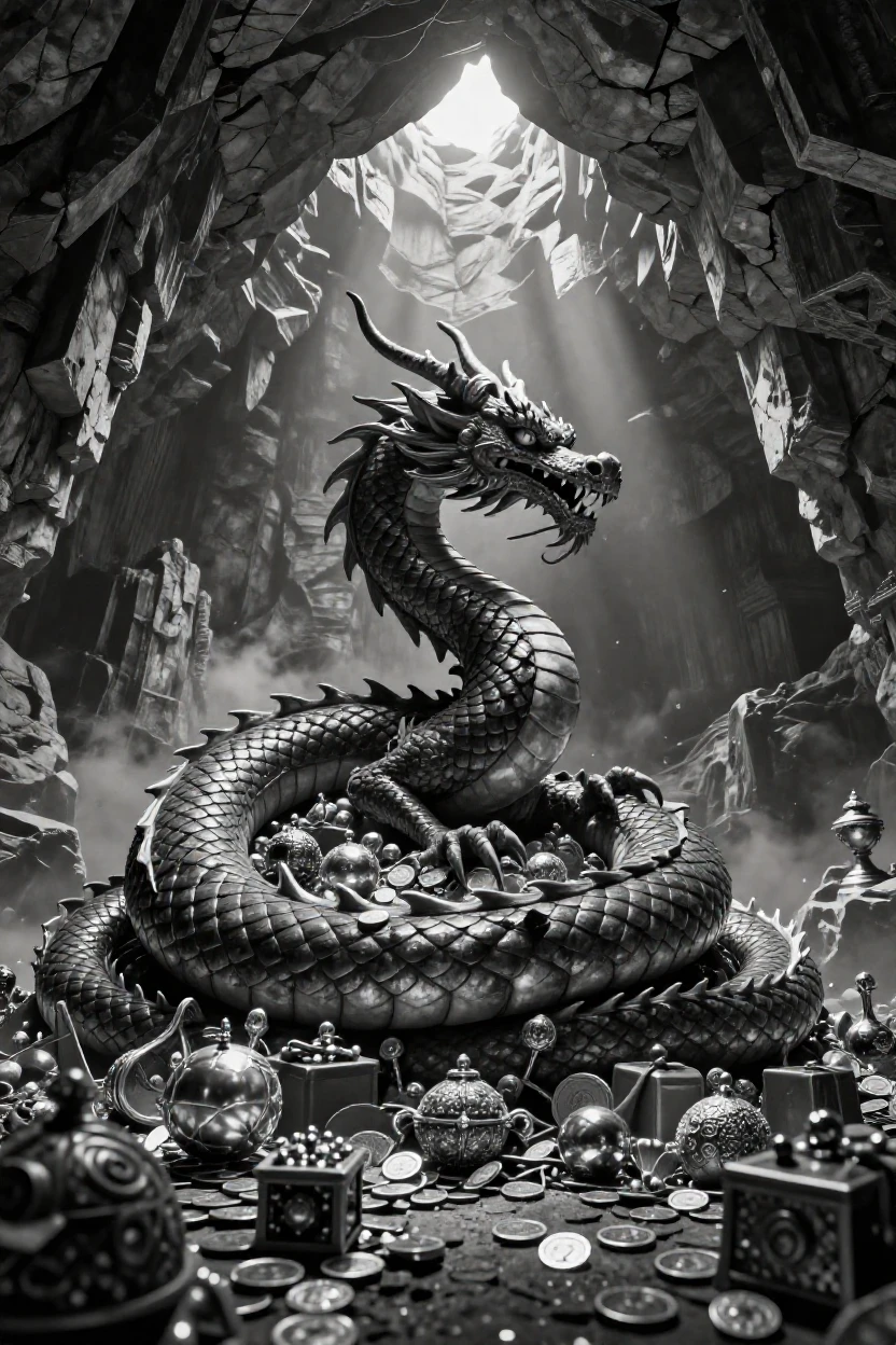A dragon coils atop a mountain of treasure beneath a crumbling stone ceiling.