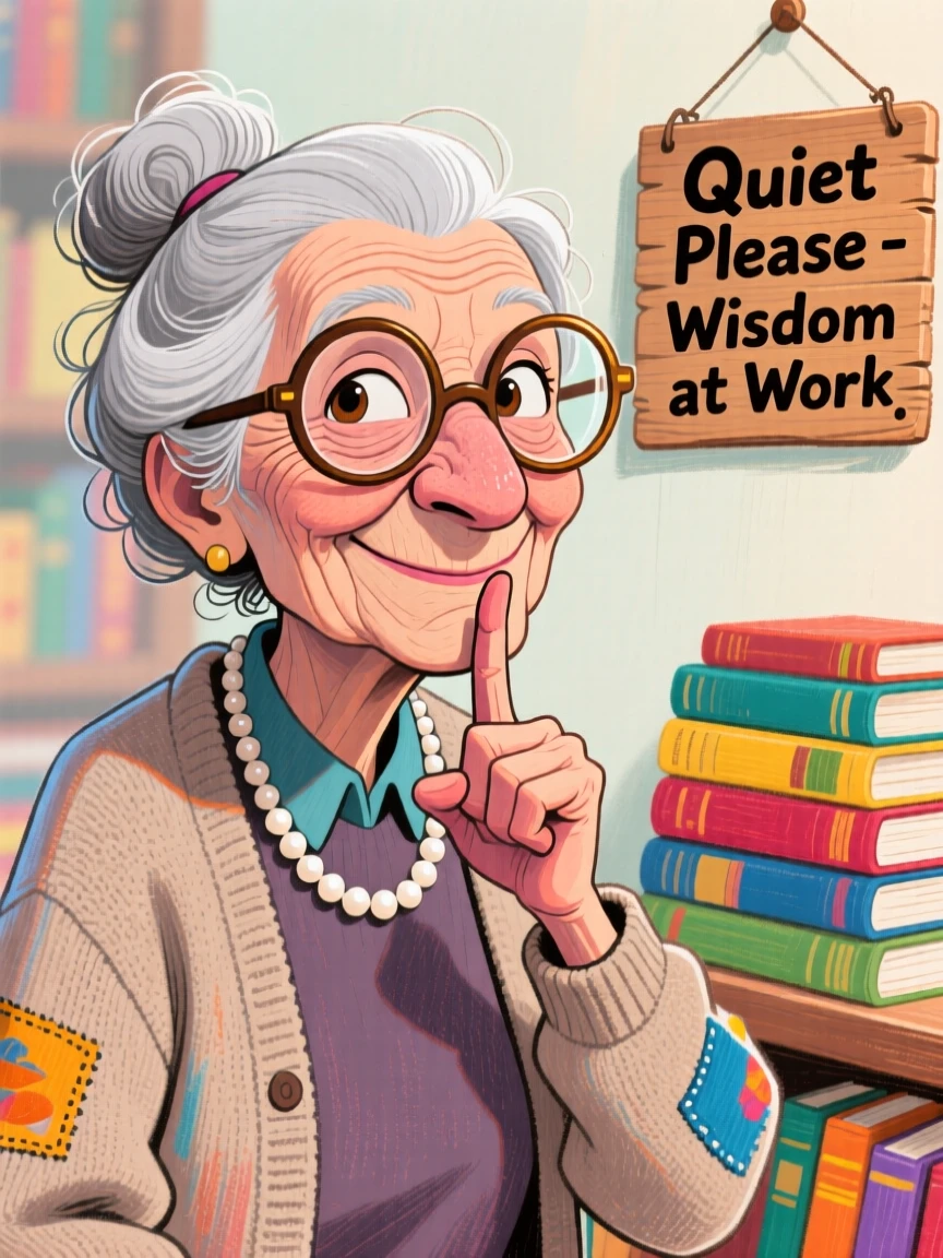 A wise old librarian peering over half-moon glasses, finger pressed to her lips in a shush gesture.