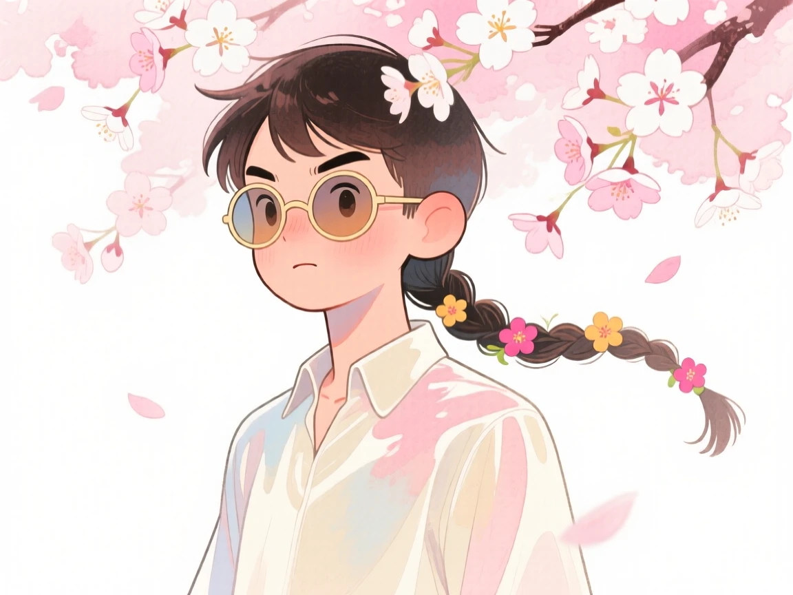 A young man with tight braids adorned with tiny flowers, looking determined, wearing an elegant silk blouse and wearing round vintage sunglasses, beneath a canopy of cherry blossoms