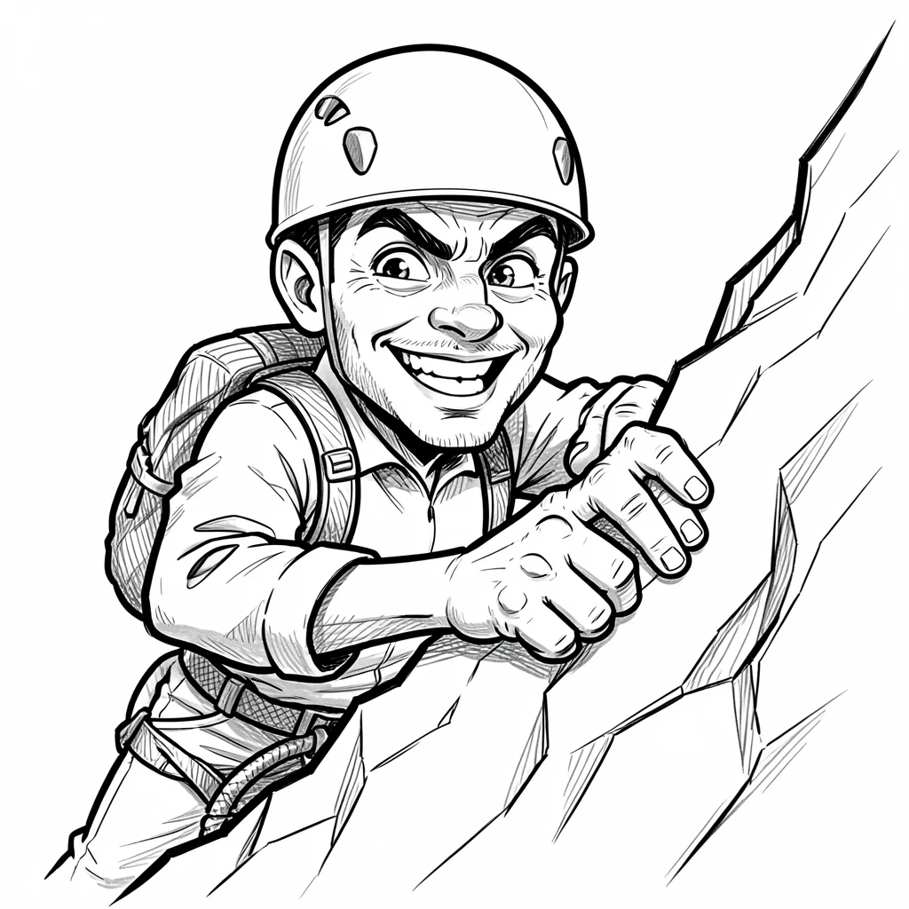 [People Portraits & Characters] Portrait of a determined mountain climber gripping a rocky ledge with a triumphant smile, full of personality and charm