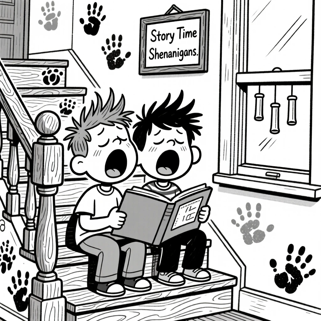 Twin boys with identical cowlicks, caught mid-yawn during story time, set on a squeaky staircase decorated with handprint art. A wind chime sways gently just outside the window. The scene radiates the warm chaos of everyday family love.