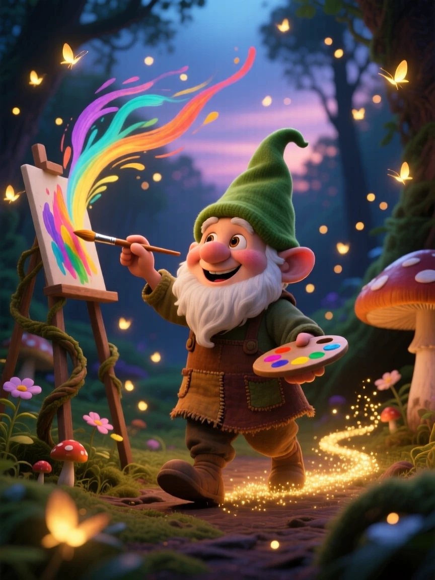 A tiny gnome gardener stands in an enchanted forest glowing with fireflies, painting the sky with swirling colors. The mood is enchanting, hopeful, and dreamlike, with a trail of glimmering dust following each step.