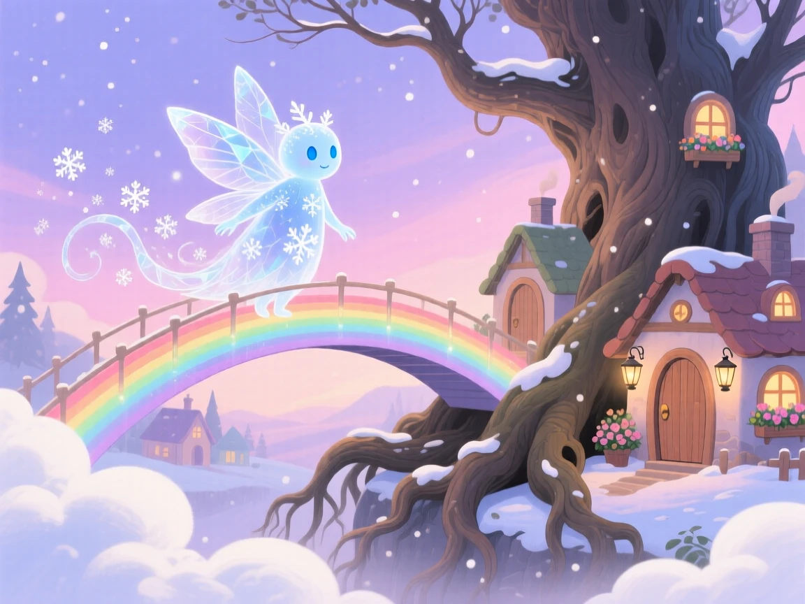 A snow spirit pauses from crossing a bridge made of rainbow light to marvel at a village of tiny cottages built into tree roots, with clouds drifting lazily below.