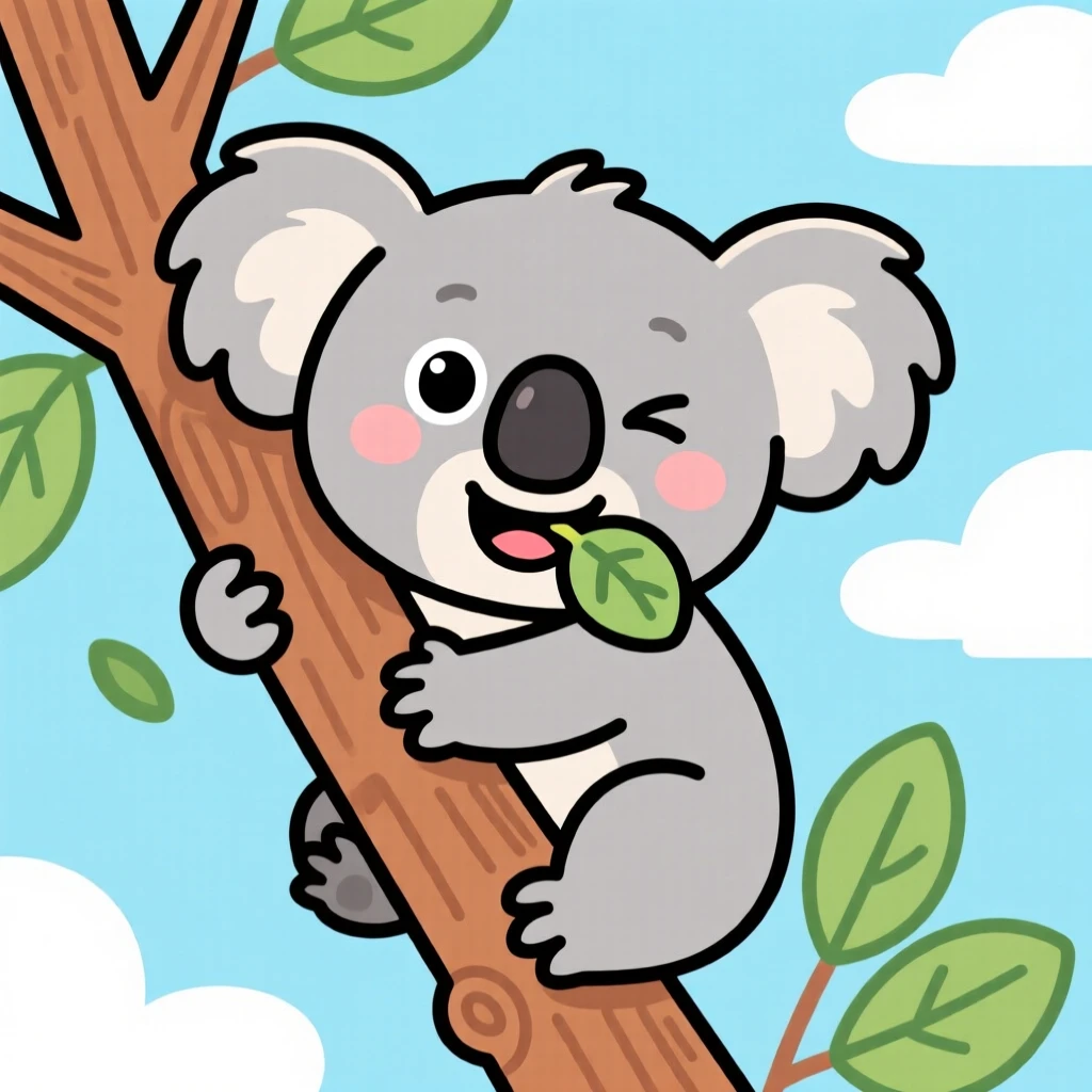 A koala clinging to a eucalyptus branch, munching a leaf.
