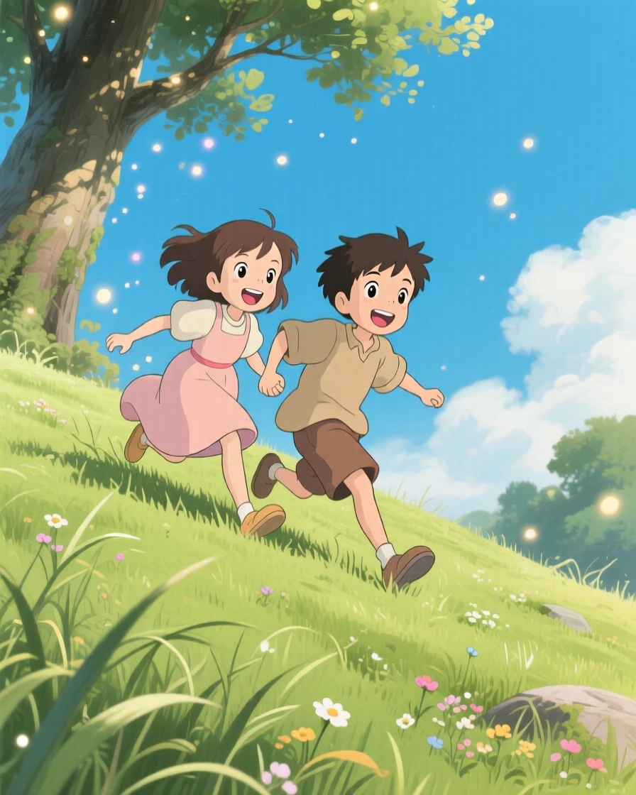 Siblings rolling down a grassy hill together, laughing, the moment carefree and joyful.