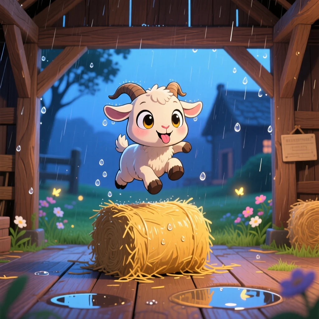 A tiny pygmy goat hopping onto a hay bale, framed as a symmetrical front-on view within a rustic wooden barnyard, during a gentle spring rain shower, glowing under cool blue twilight glow, evoking playful mischief.