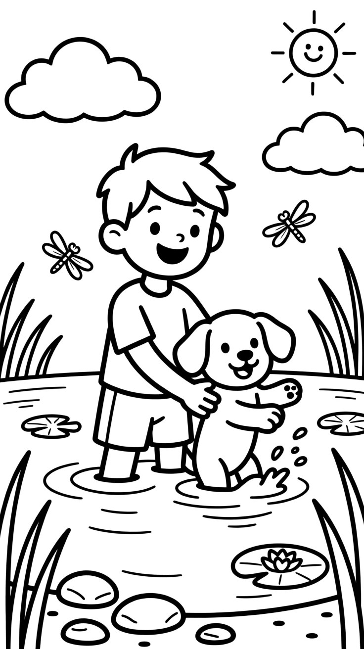 A puppy learning to swim in a shallow lake
